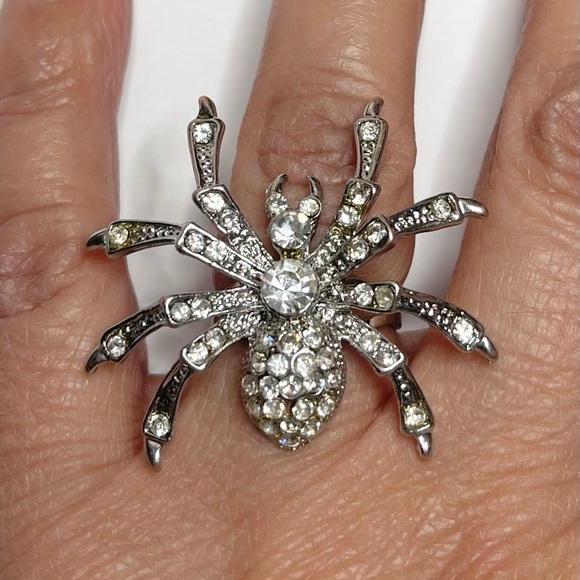 Vintage Tarantula Spider Ring Silver With Clear Rhinestones Adjustable - Picture 1 of 4
